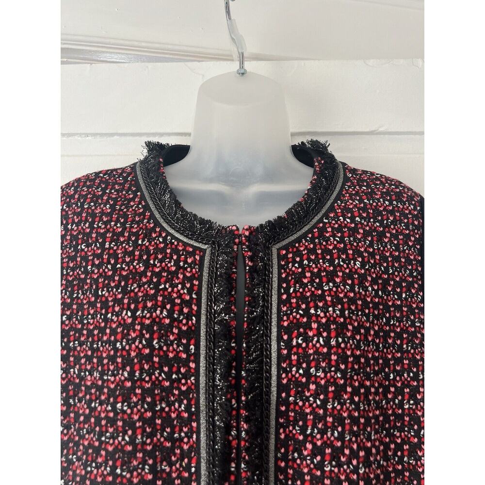 St. John Jacket Tweed Blazer Fringe Metallic Size 10 Milano Knit Black Red Pink